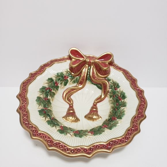 Fitz and Floyd Essentials Candy Bowl Holiday Wreath 9" Gold Trim In Original Box - Picture 5 of 8